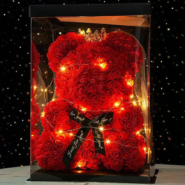 25cm Artificial Teddy Rose Flower Bear with Box Romantic Valentines Day Gift Girlfriend Women Anniversary Wedding Party Supplies