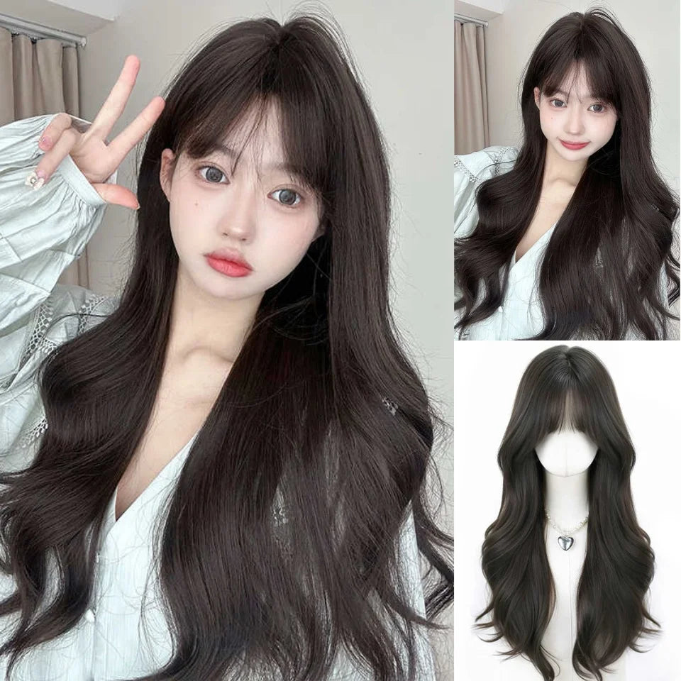 LM Long Body Wave Black And Gray Ombre Cosplay Wigs Heat Resistant Synthetic Wigs Bangs Natural Lolita Wigs For Women Halloween