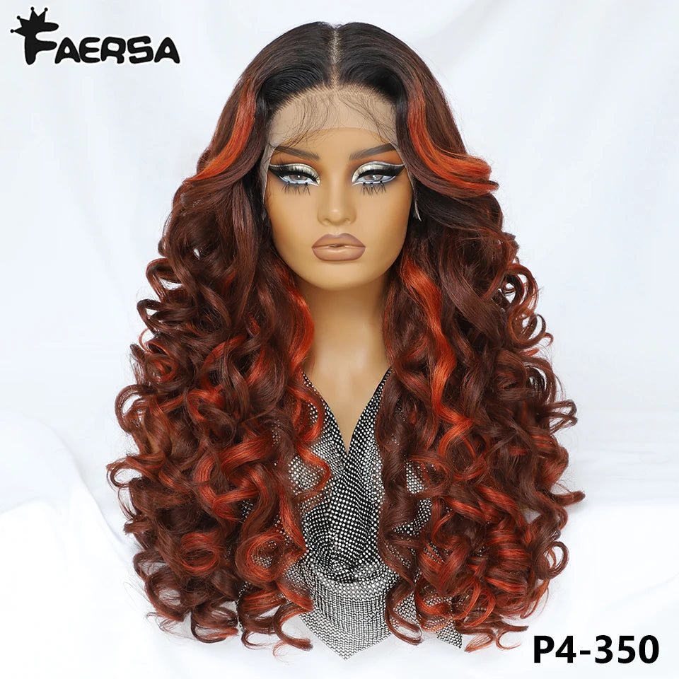 Latisha 13X6 HD Synthetic Lace Front Wigs Curly Pre Plucked Lace Frontal Wig with Bangs for Women Highlight with Babyhair 24Inch