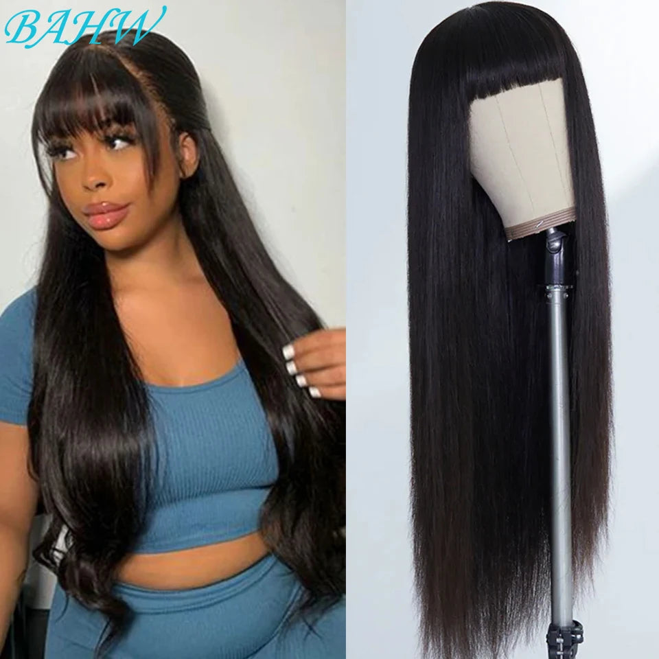 BAHW Peruvian Straight Full Machine Made Perruque with Bang Natural Color Human Hair Wig For Women Pre-Plucked Virgin Hair Wig