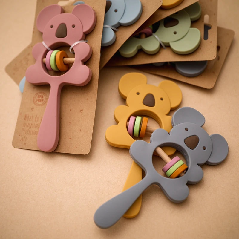 1PC Silicone Teether Koala Elephant Handbells Rattles BPA Free Rodents Teething Necklace Food Grade Infant Chewable Baby Toys