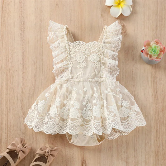 Baby Summer Clothing Newborn Baby Girl Solid Ruffle Fly Sleeve Lace Romper Jumpsuit Tutu Dress Outfits Clothes 0-24M