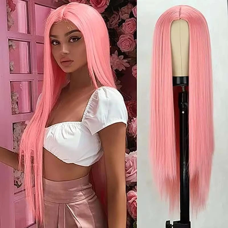 Colored Wigs Human Hair Full End 100% Pink Straight Transparent PrePlucked Brazilian HD Lace Frontal Wig 30 40 Inch For Women