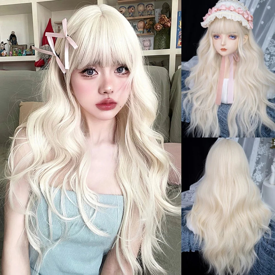 LM Long Body Wave Black And Gray Ombre Cosplay Wigs Heat Resistant Synthetic Wigs Bangs Natural Lolita Wigs For Women Halloween