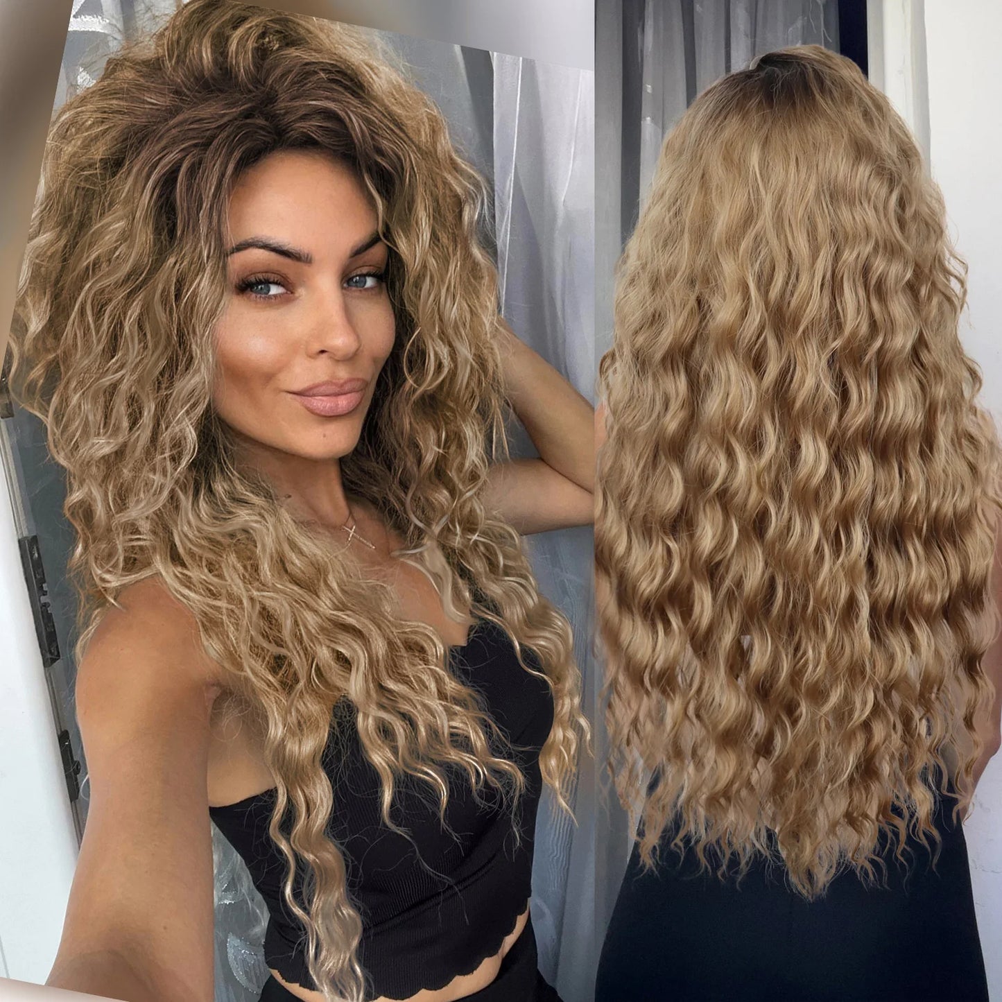 Ash Blonde Curly Wig Synthetic Long Curly Hair Wigs for Women Fluffy Hairstyle Wave Ombre Wig Costume Carnival Party Regular Wig