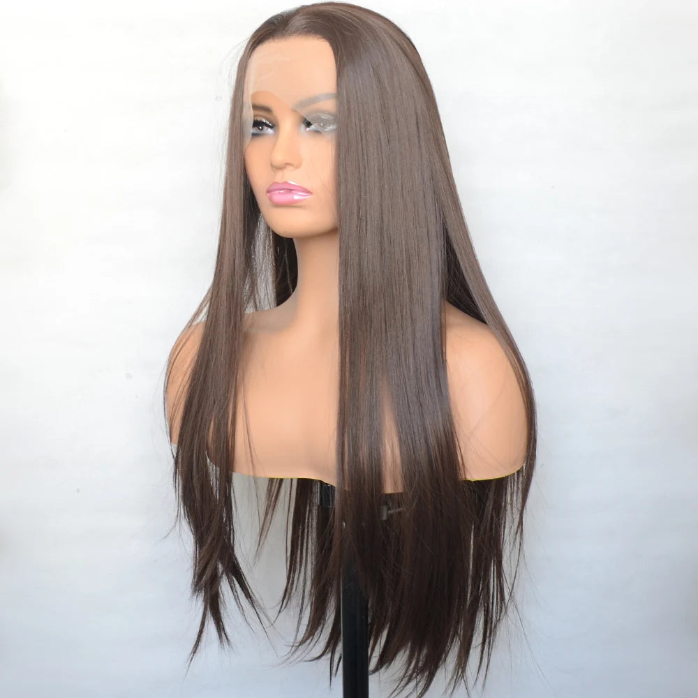 Voguebeauty Dark Brown Lace Front Wig 6# Silky Straight Synthetic Hair Natural Hairline for Women Cosplay Daily Wear