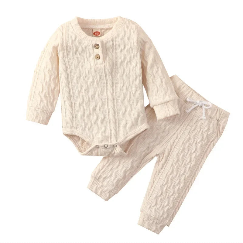 Newborn Baby Girl Boy Bodysuit Pant Sets Autumn Clothes Long Sleeve Button Sweater and Knitting Trousers Baby Items Clothing