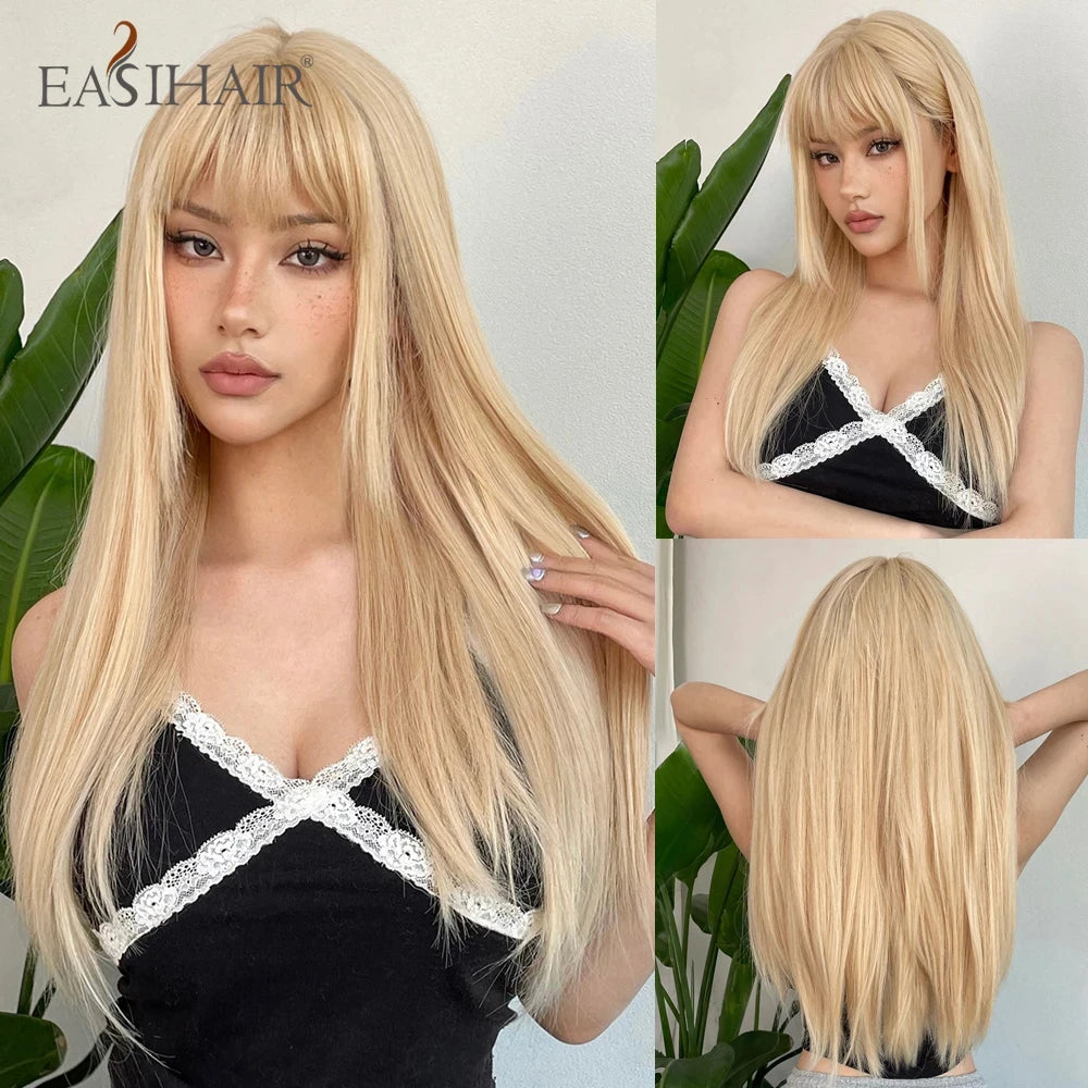 Blonde Golden Synthetic Wigs Long Straight Hair Natural Wig for Women Middle Part Wigs Cosplay Party Heat Resistant Fake Hair