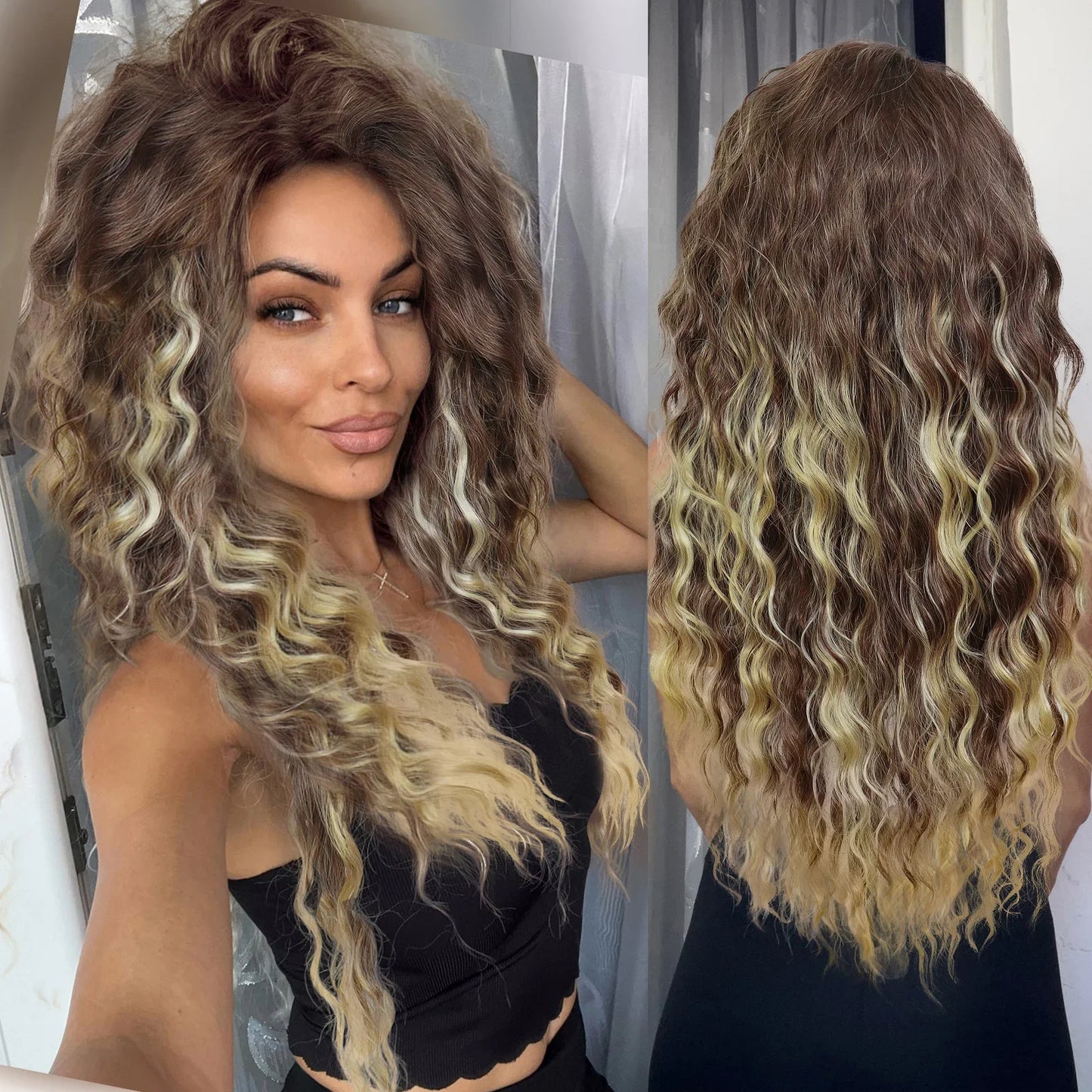 Ash Blonde Curly Wig Synthetic Long Curly Hair Wigs for Women Fluffy Hairstyle Wave Ombre Wig Costume Carnival Party Regular Wig