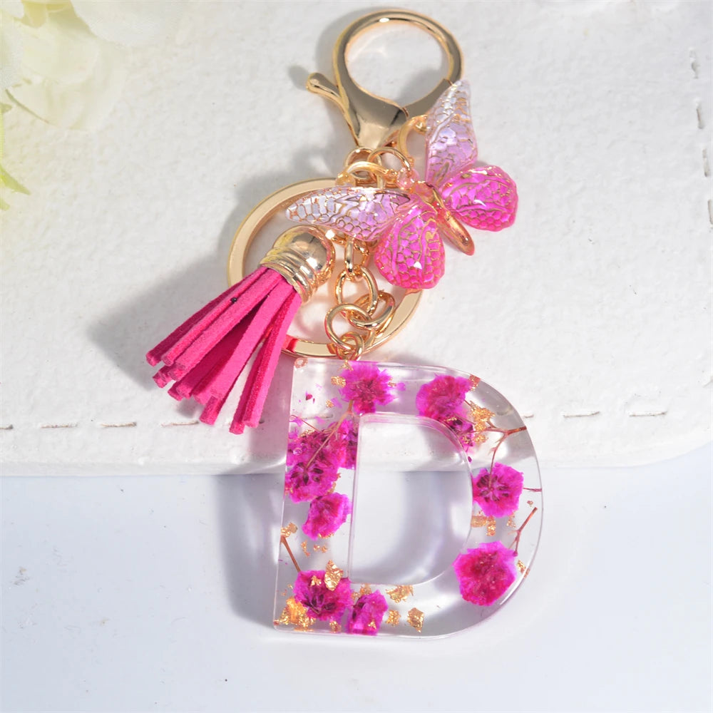 Exquisite Pink Dry Flower Resin 26 Initial Keychain Butterfly Tassel Pendant A to Z Keyring for Women Valentine's Day Gift