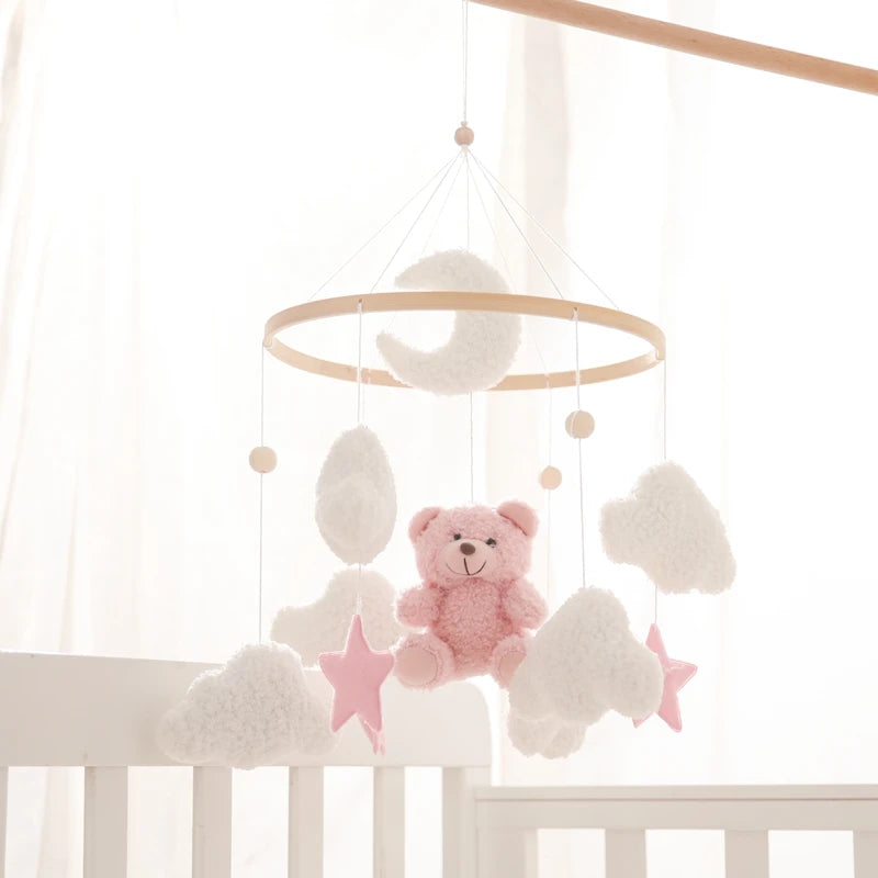 Wooden Crib Mobile Baby Bed Bell Rattle Toy Soft Felt Cartoon Bear Mobile Hanging Newborn Music Box Bed Bell Hanging Bracket Toy