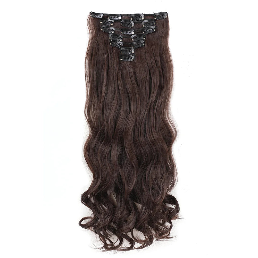 22Inch Long Body Wave Clip in Hair Extension Hairstyle 16 Clips 7Pcs/Set Synthetic Black Brown Hairpieces For Women