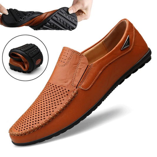 Italian Men Shoes Casual Luxury Brand Summer Mens Loafers Genuine Leather Moccasins Hollow Out Breathable Slip on Driving Shoes