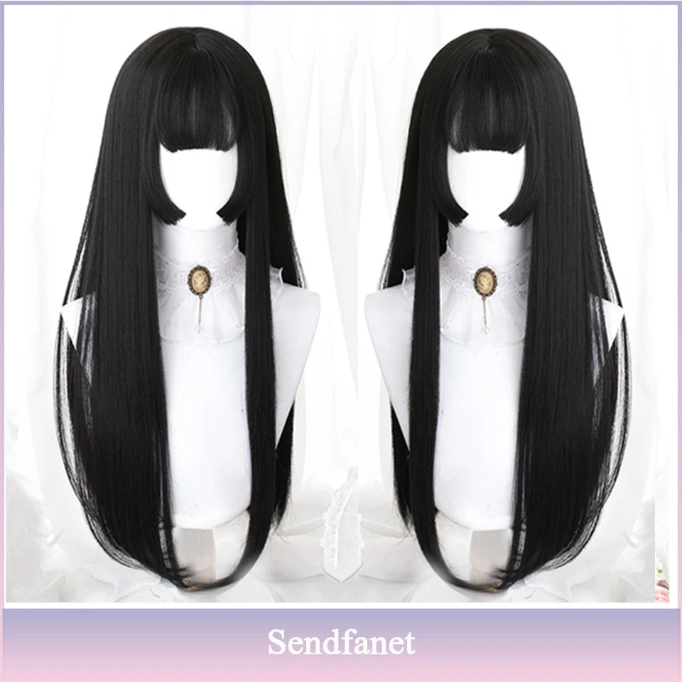 AS Long Straight Black Synthetic Wig For Woman With Bangs black Cosplay Lolita Wigs Heat Resistant Natural Hair