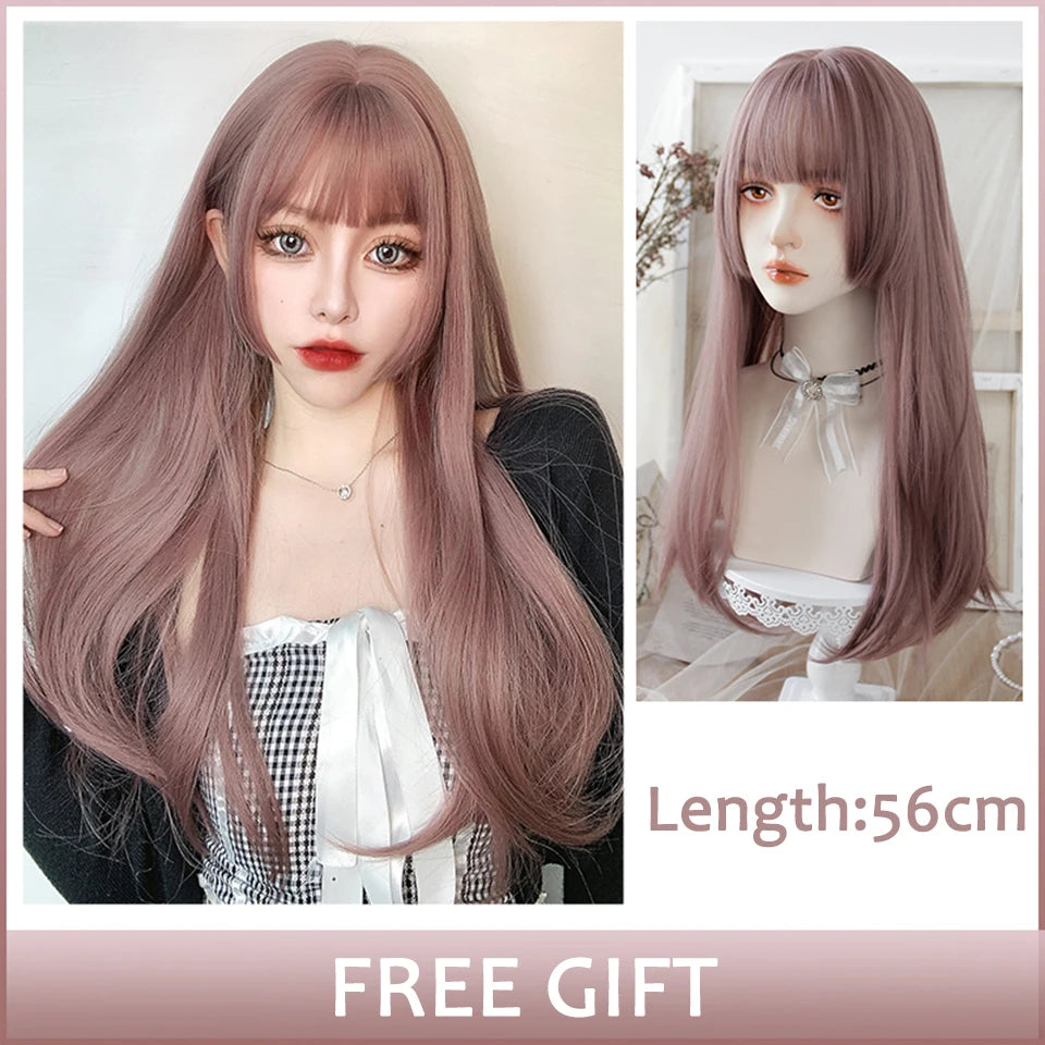 Pink Short Bob Straight Synthetic Wig with Bangs for Cosplay Lolita Fake Hair for White Women Party Natural Wig High Temperature