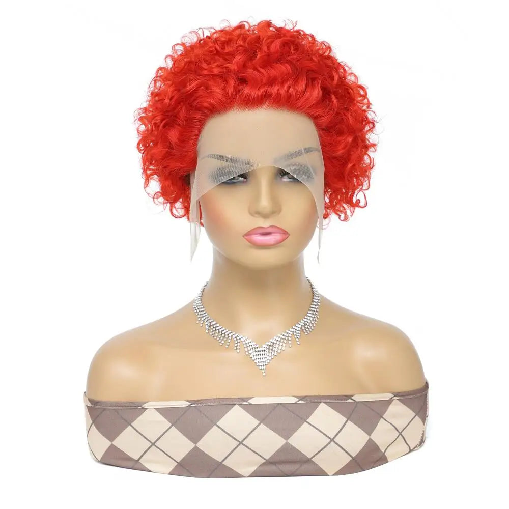 99J Burgundy Highlight Honey Colored Short Curly Pixie Cut Lace Wig Pre plucked Bob Wig 13x2 Lace Front Curly Human Hair Wigs