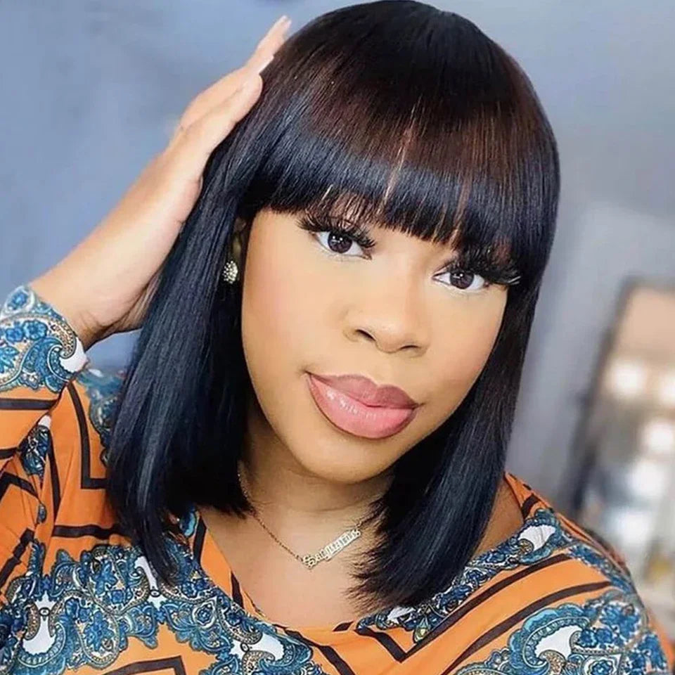 Peruvian Human Hair Wig with Bangs Virgin Straight Hair Bob Wigs Full Machine Made Wig For Women 8-16 Inches No Lace Bob Wigs