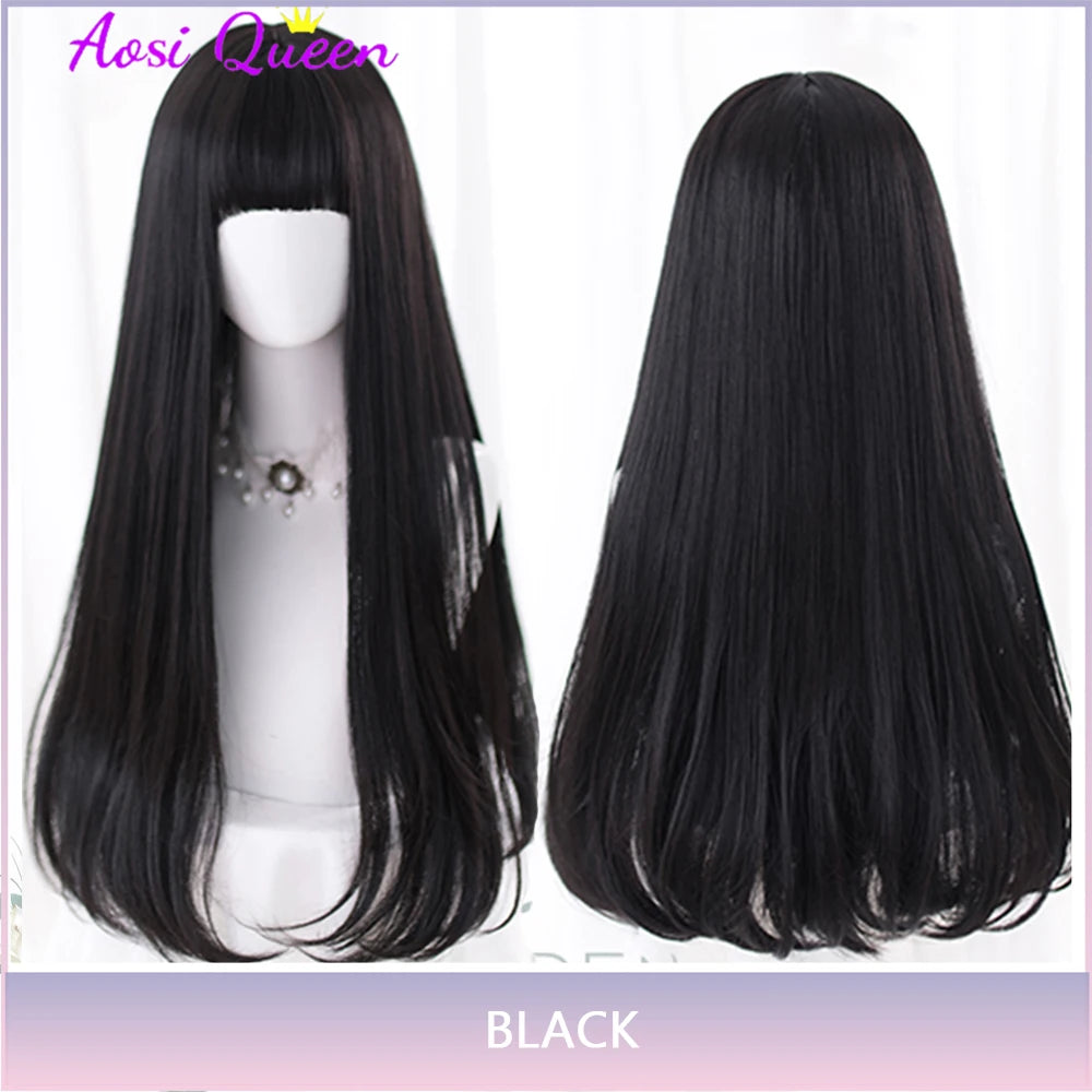 AS Long Straight Black Synthetic Wig For Woman With Bangs black Cosplay Lolita Wigs Heat Resistant Natural Hair