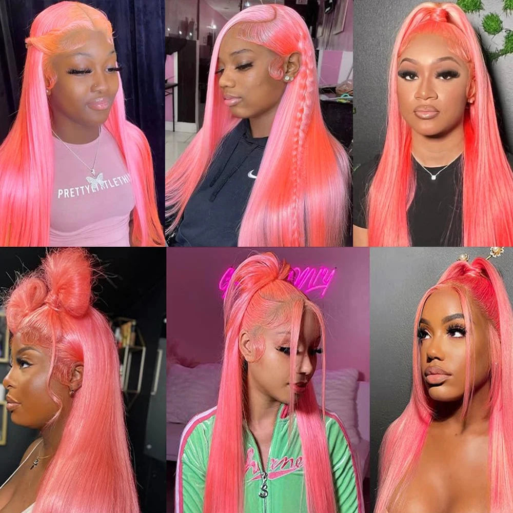 Colored Wigs Human Hair Full End 100% Pink Straight Transparent PrePlucked Brazilian HD Lace Frontal Wig 30 40 Inch For Women