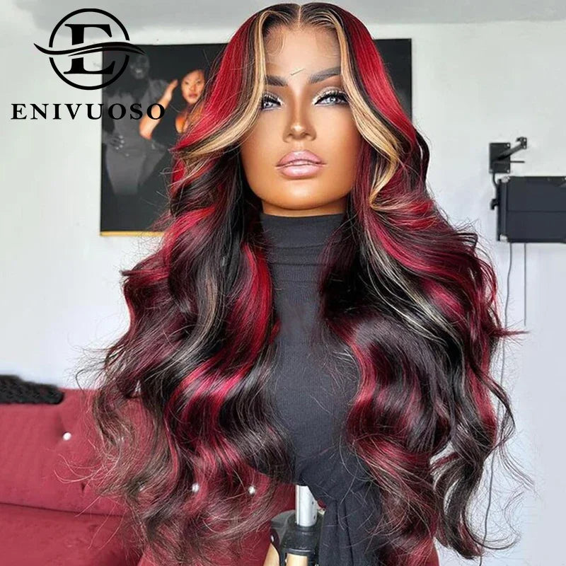 Black Red Blonde Burgundy Highlight Body Wave Synthetic Lace Wigs For Women 13X4 HD Lace Front Wigs Pre Plucked with Baby Hair