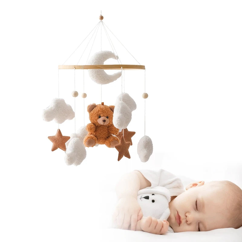 Wooden Crib Mobile Baby Bed Bell Rattle Toy Soft Felt Cartoon Bear Mobile Hanging Newborn Music Box Bed Bell Hanging Bracket Toy