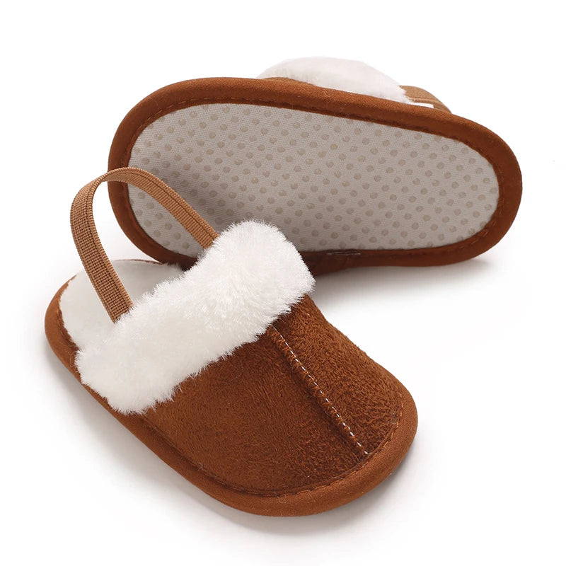 Toddlers Baby Boys Girls Fluffy Slides Soft Slippers Anti-slip Pre-walker Newborn Plush Warm Floor Shoes Elastic Back Strap