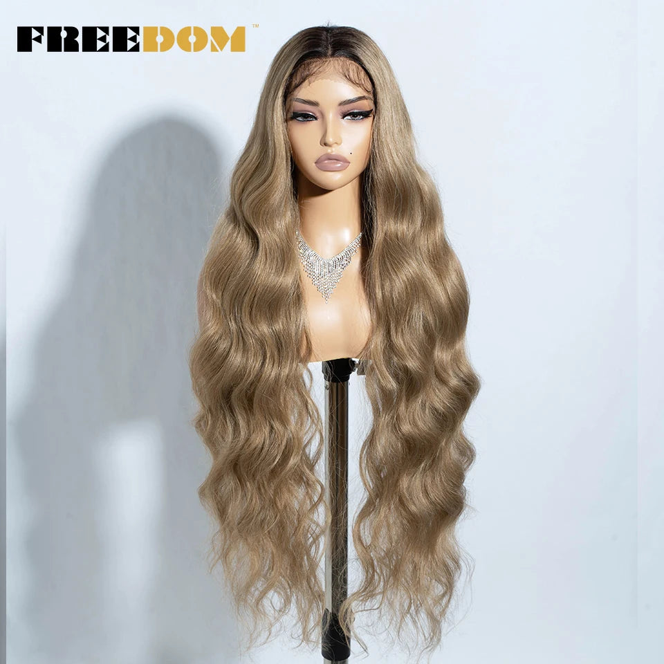 FREEDOM Synthetic Lace Front Wigs For Women 36" Long Body Wave Lace Wig Ombre Brown Blonde Highlight Cosplay Wigs Heat Resistant