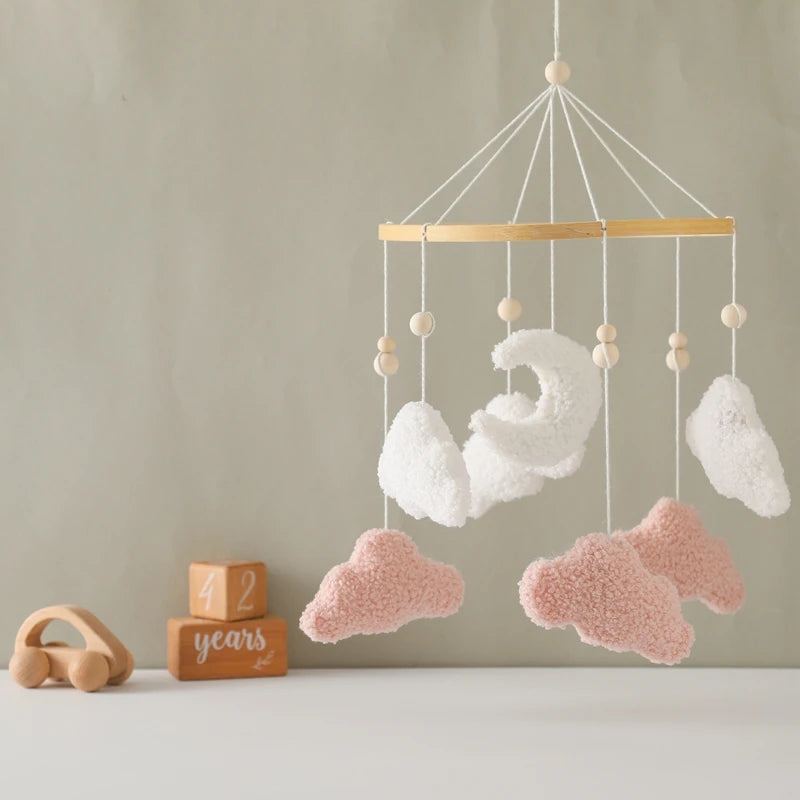 Wooden Crib Mobile Baby Bed Bell Rattle Toy Soft Felt Cartoon Bear Mobile Hanging Newborn Music Box Bed Bell Hanging Bracket Toy