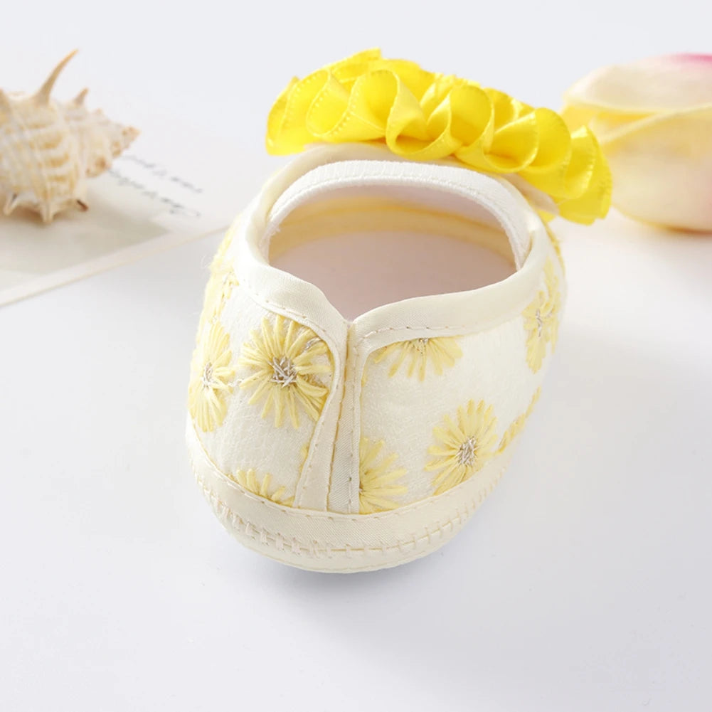 Newborn Baby Shoes Baptism Yellow Headband Baby Girl Lace Shoes Set Toddler Prewalker Cute Baby Soft Shoes for 0-12M Kids