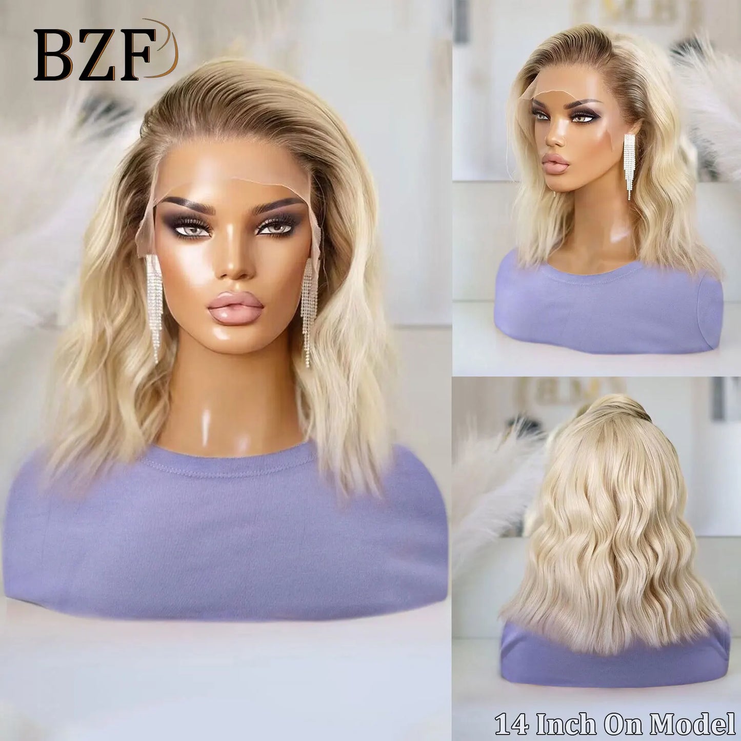 Brown Blonde Highlight Synthetic Lace Front Short Bob Wigs 13x3 Colored Straight Glueless Wig Dark Roots Blonde Wig For Women