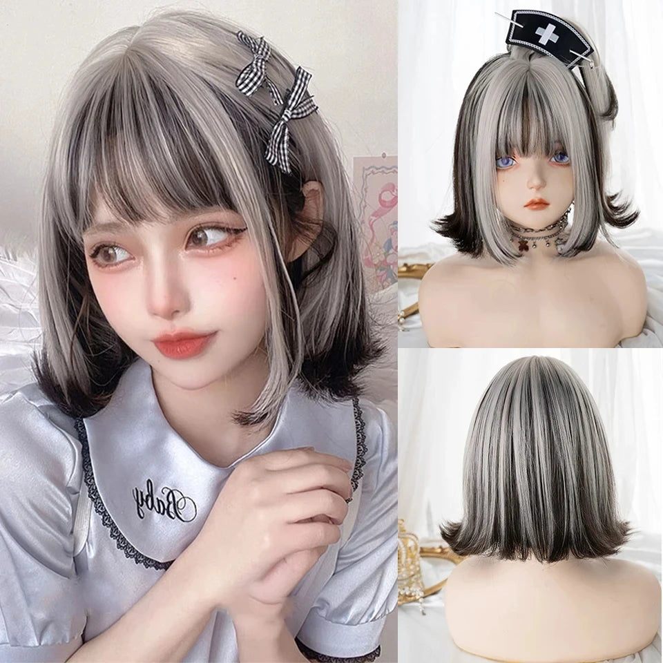 LM Long Body Wave Black And Gray Ombre Cosplay Wigs Heat Resistant Synthetic Wigs Bangs Natural Lolita Wigs For Women Halloween