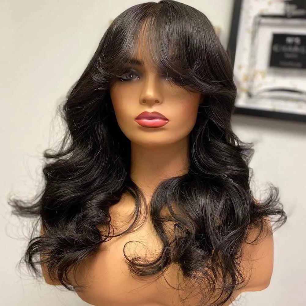 Chic Body Wave Bob Wigs With Bangs Human Hair Wigs 180% Density Glueless Full Machine Made Peruvian Remy None Lace Fringe Wig