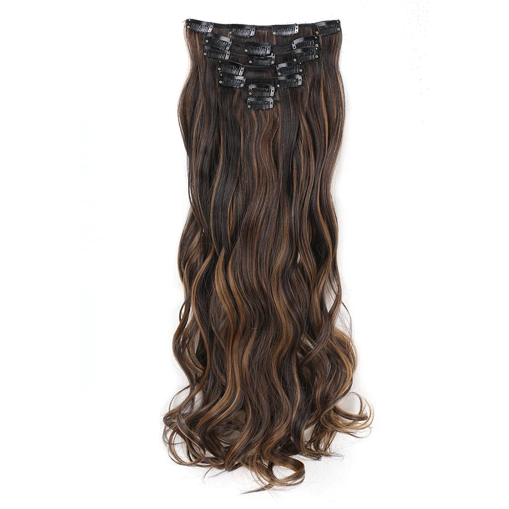 22Inch Long Body Wave Clip in Hair Extension Hairstyle 16 Clips 7Pcs/Set Synthetic Black Brown Hairpieces For Women