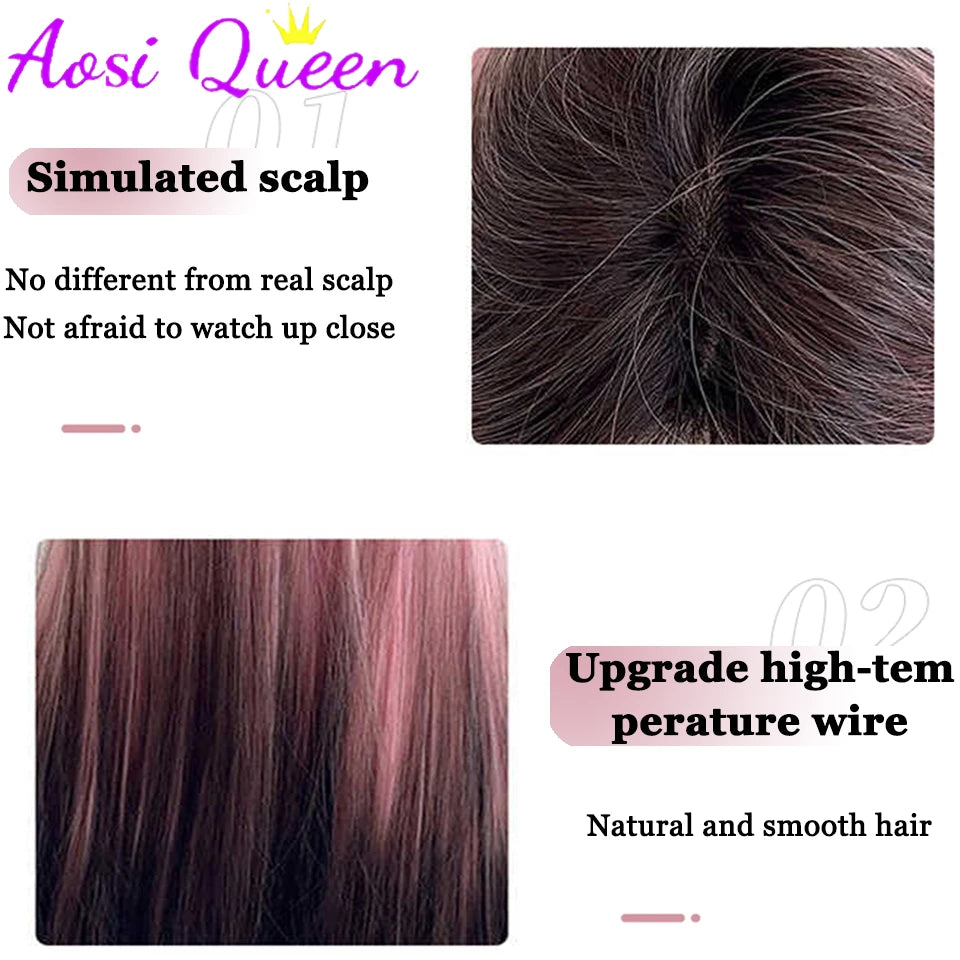 AosiQueen Black Pink Ombre Synthetic Wigs For Cosplay Long Wavy Layered Wigs With Bangs For Women Heat Resistant Fake Hair