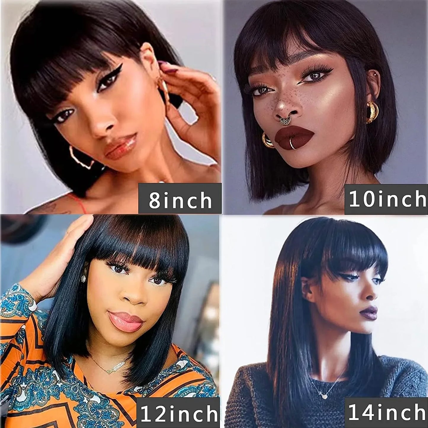 Peruvian Human Hair Wig with Bangs Virgin Straight Hair Bob Wigs Full Machine Made Wig For Women 8-16 Inches No Lace Bob Wigs