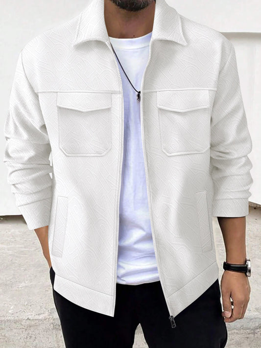 Autumn and winter new men's business casual jacket trend fashion solid color lapel pocket zipper thick long-sleeved top