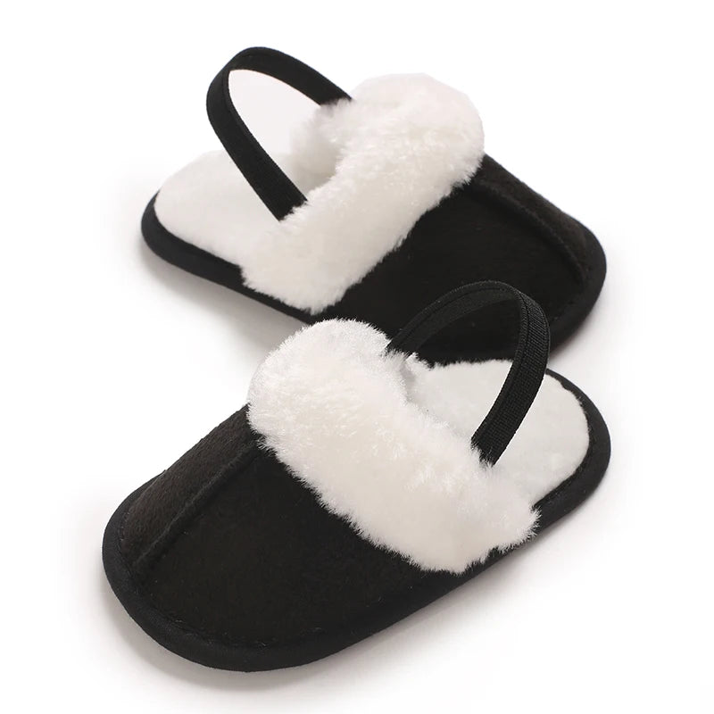 Toddlers Baby Boys Girls Fluffy Slides Soft Slippers Anti-slip Pre-walker Newborn Plush Warm Floor Shoes Elastic Back Strap