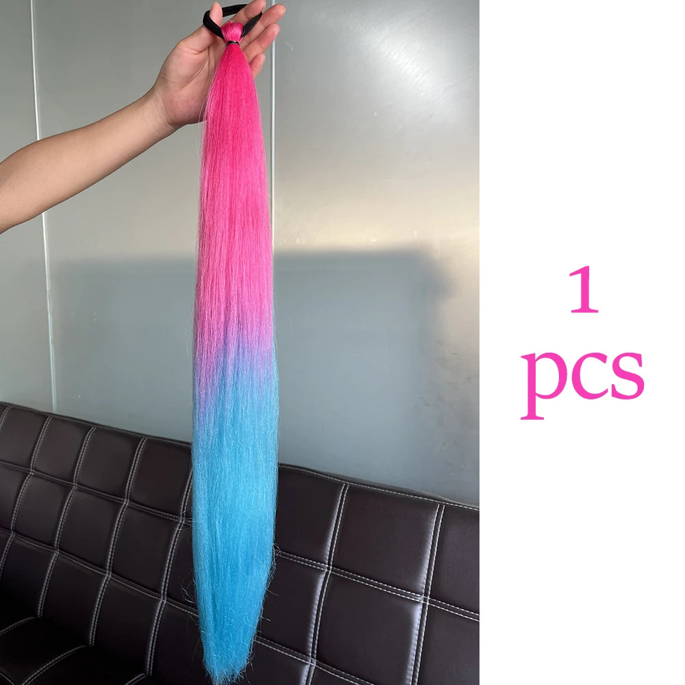 Synthetic Colorful Ponytail Extension 2Pcs Long Straight DIY Braided Pony Tail Hairpiece with Rubber Band Women Hair Accessories