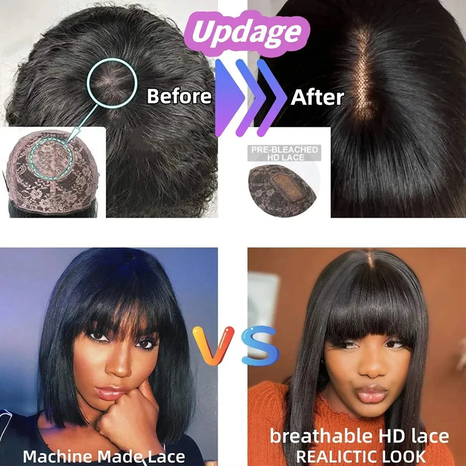 Wiggogo 3X1 Middle Part Lace Wig 100% Straight Human Hair Wig With Bangs Full Machine Made Straight Human Hair Wigs For Women