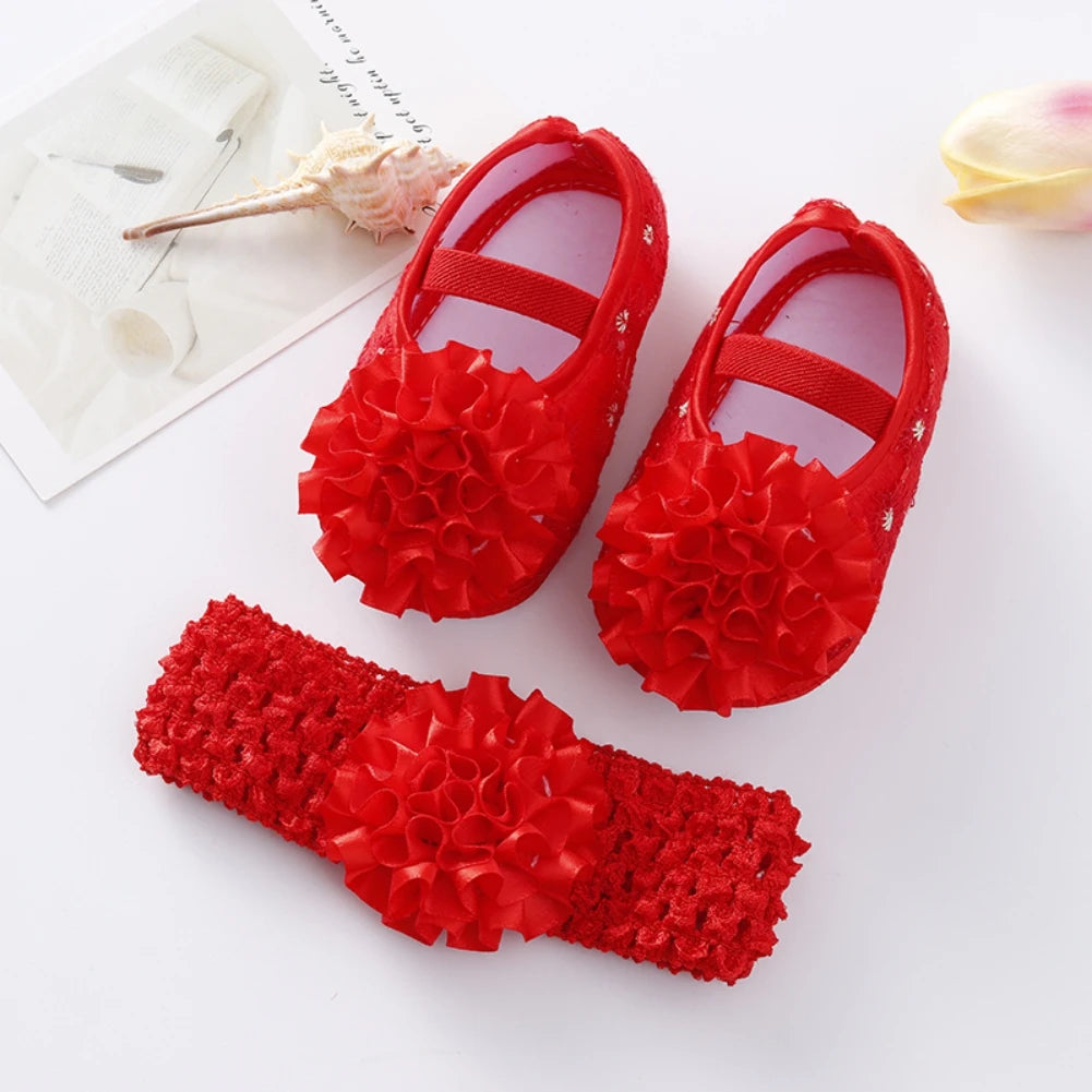 Newborn Baby Shoes Baptism Yellow Headband Baby Girl Lace Shoes Set Toddler Prewalker Cute Baby Soft Shoes for 0-12M Kids