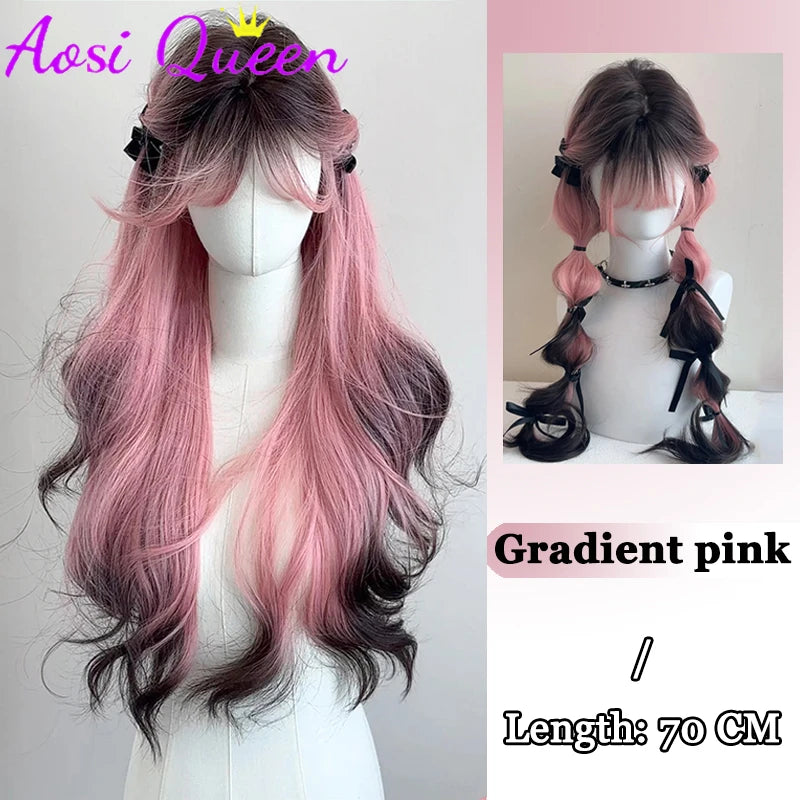 AosiQueen Black Pink Ombre Synthetic Wigs For Cosplay Long Wavy Layered Wigs With Bangs For Women Heat Resistant Fake Hair