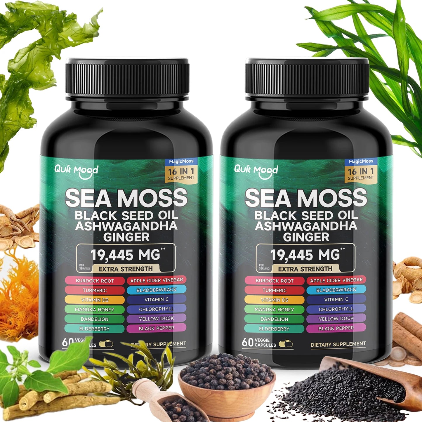 2Pcs Sea Moss 3000mg Black Seed Oil 2000mg Ashwagandha1000mg Turmeric 1000mg Bladderwrack 1000mg Burdock 1000mg & Vitamin C & D3