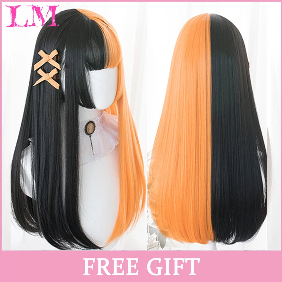 LM Cosplay Wig With Bangs Synthetic Straight Hair 24 Inch Long Heat-Resistant Pink Wig For Women