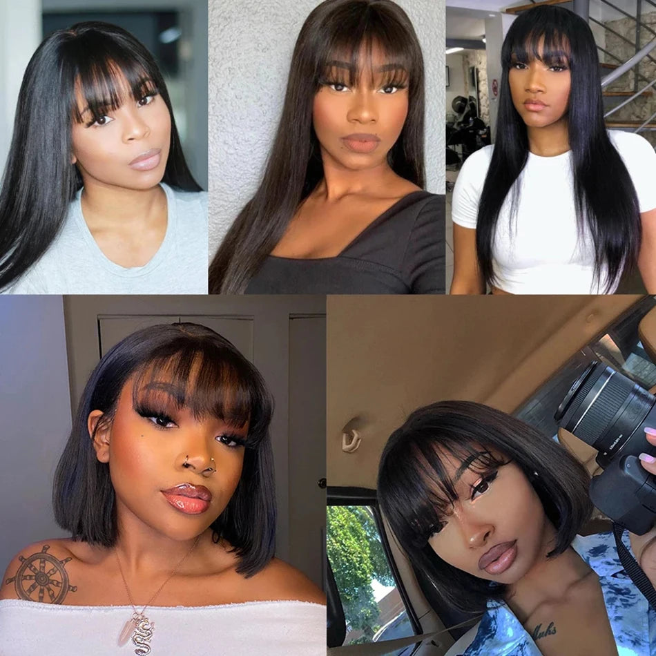 Wiggogo 3X1 Middle Part Lace Wig 100% Straight Human Hair Wig With Bangs Full Machine Made Straight Human Hair Wigs For Women