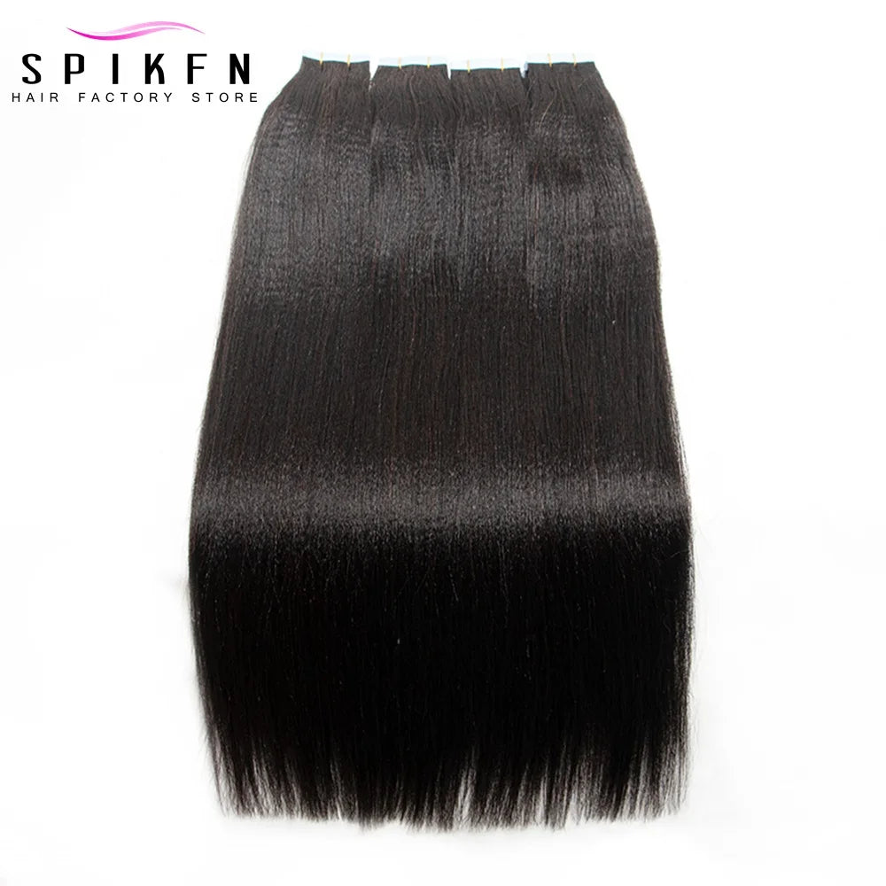 SPIKFN Light Yaki Tape In Human Hair Extensions 12-26 inches Natural Black PU Skin Weft Tape Extension 20pcs 1B Salon Quality