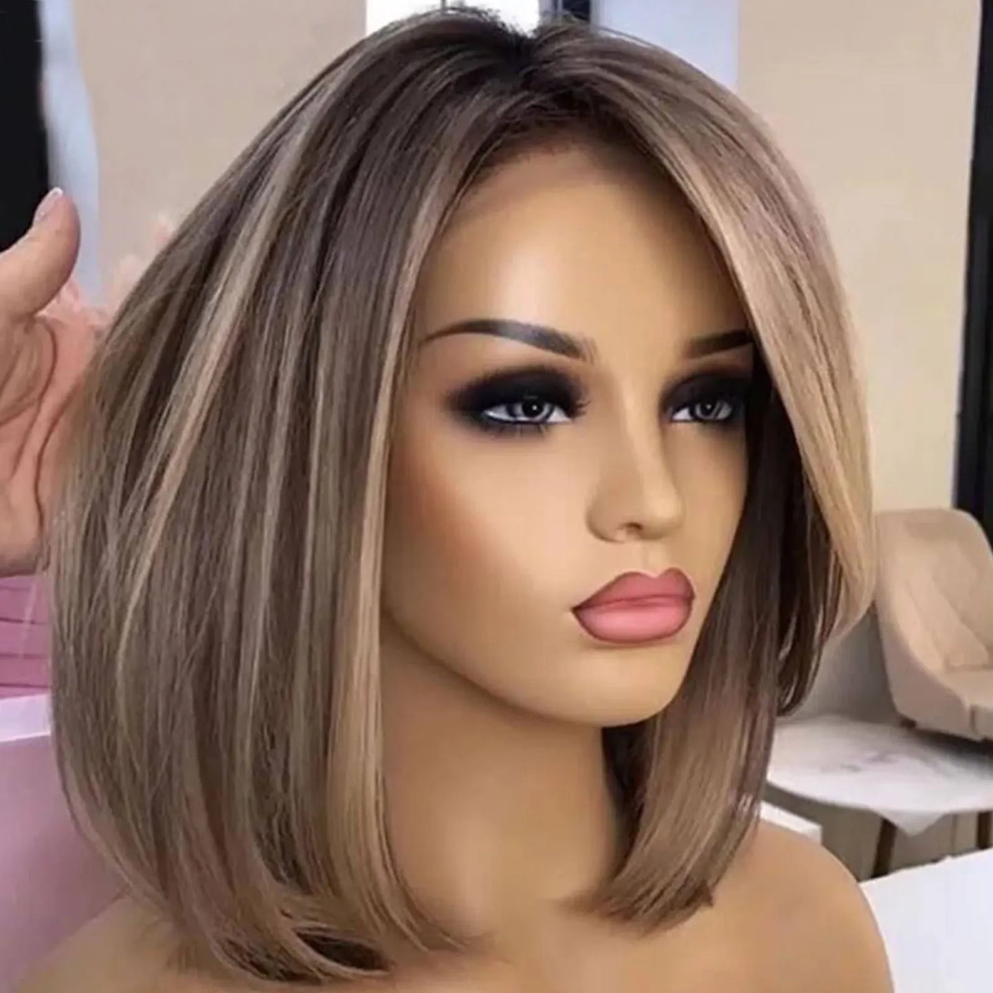 Brown Blonde Highlight Synthetic Lace Front Short Bob Wigs 13x3 Colored Straight Glueless Wig Dark Roots Blonde Wig For Women