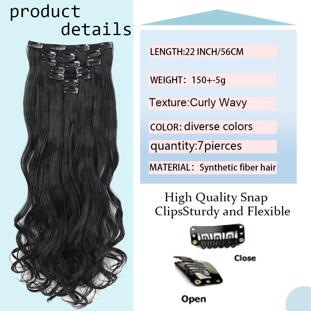 22Inch Long Body Wave Clip in Hair Extension Hairstyle 16 Clips 7Pcs/Set Synthetic Black Brown Hairpieces For Women