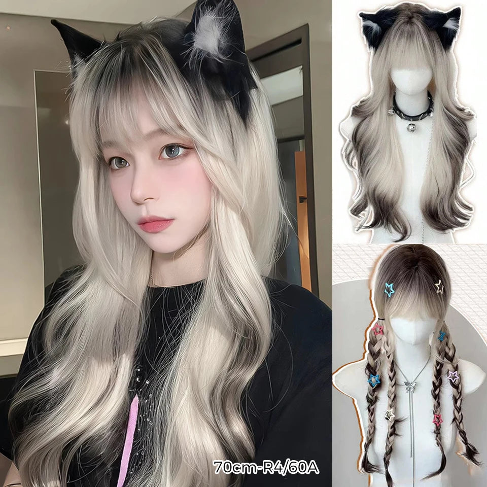 LM Long Body Wave Black And Gray Ombre Cosplay Wigs Heat Resistant Synthetic Wigs Bangs Natural Lolita Wigs For Women Halloween