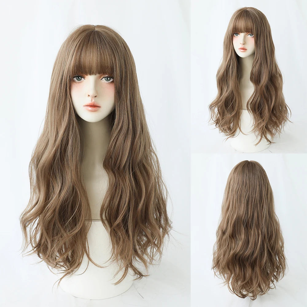 Dense Long Wave Wig Women Wig with Bangs Blonde Cospaly Lolita Daily Party Synthetic Wigs Heat Resistant Fiber Natural Fake Hair