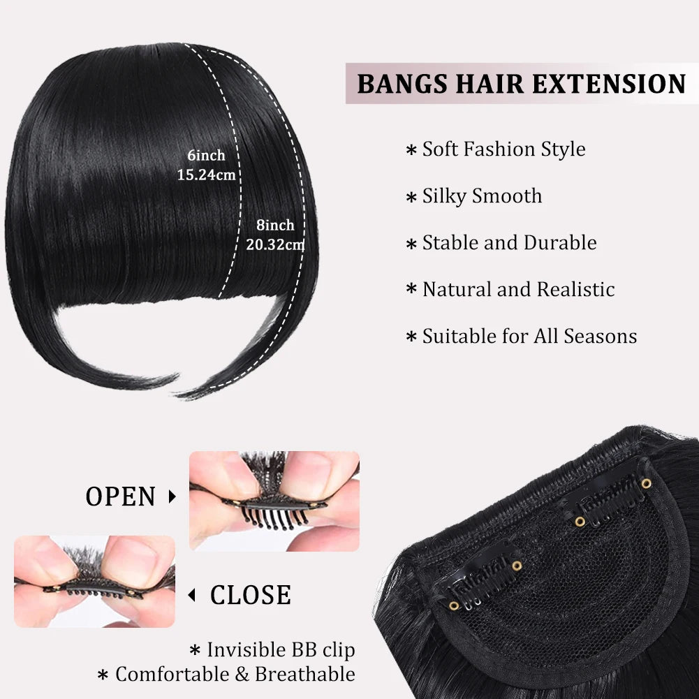 High Quality Synthetic Wig Flat Bangs Hair Extension Clip in Bangs with Temples 6 Inches Front Face Bangs for Women Girls Daily